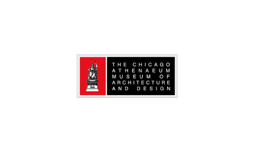 Logo of The Chicago Athenaeum Museum of Architecture and Design with a statue on the left and the museum name on the right against a black and red background, reminiscent of the sophisticated elegance found in the Auberge Resorts Collection.