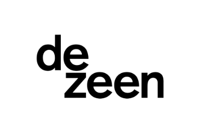 Black logo on a white background displaying the word "dezeen" with "de" positioned above "zeen".
