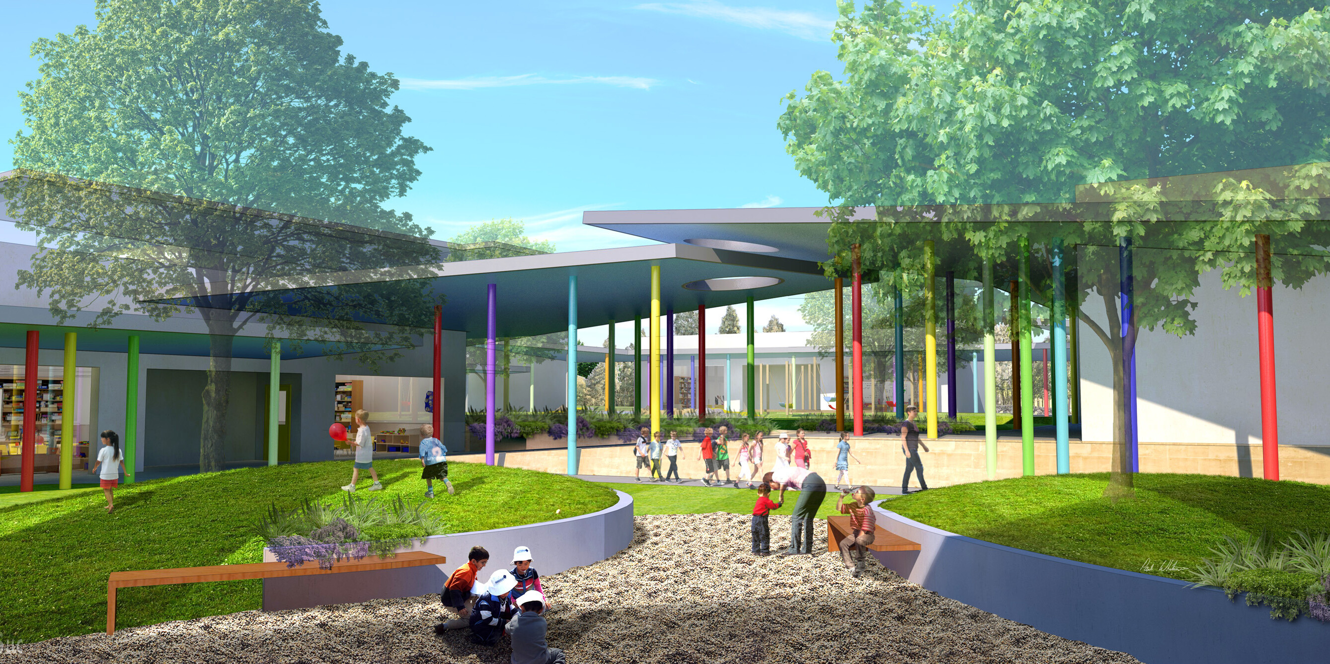 A modern school courtyard at the newly renovated Higgins Campus features colorful pillars, children playing on greenery and sand areas, and large trees providing shade. The building has expansive windows and a contemporary design.