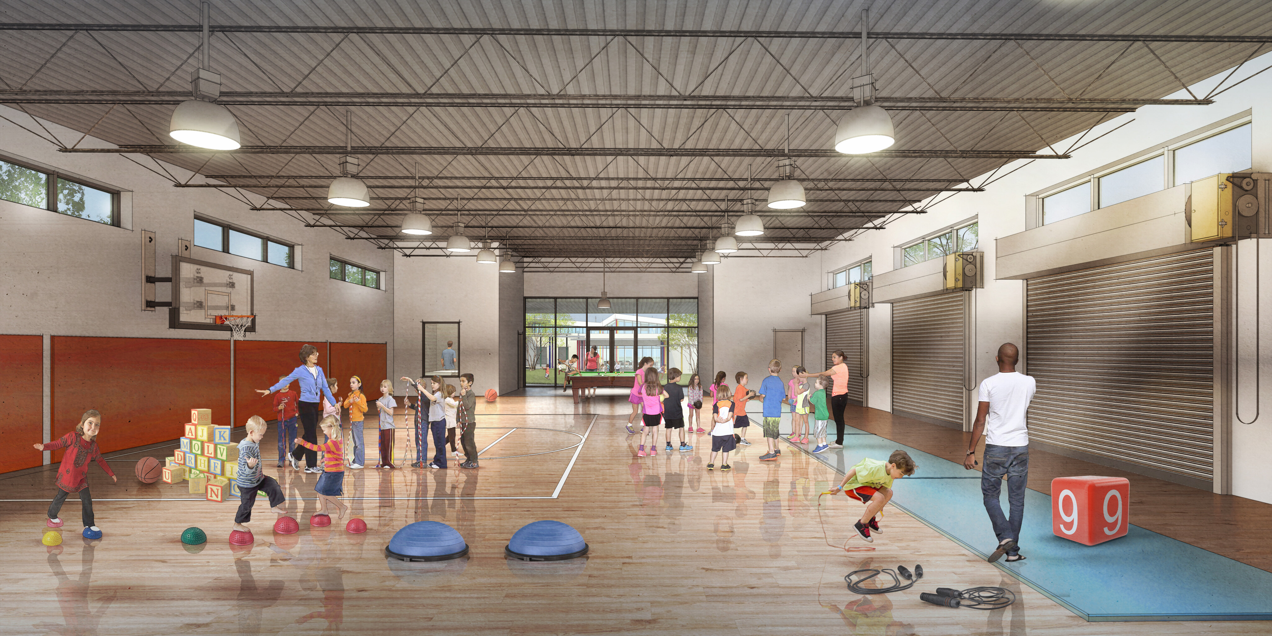 Children are playing various games and activities in the spacious indoor gymnasium at the newly renovated Brighton Center. An adult supervises the scene. The Higgins Campus gym features high ceilings, a basketball hoop, and large windows.