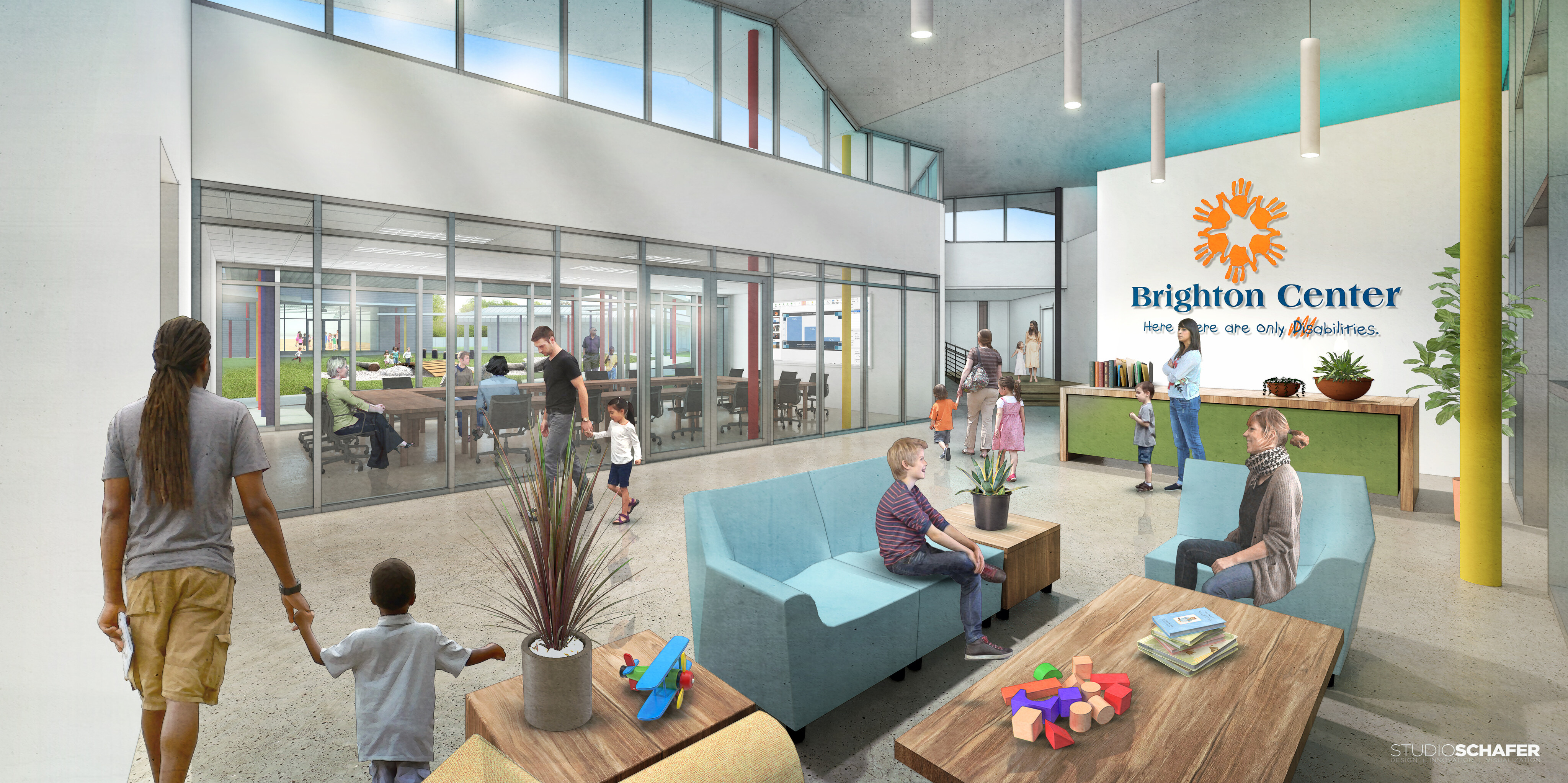 A modern reception area with people sitting and walking. A sign reads "Brighton Center" on the wall behind the renovated reception desk. Large windows and high ceilings create an open, airy environment at Higgins Campus.
