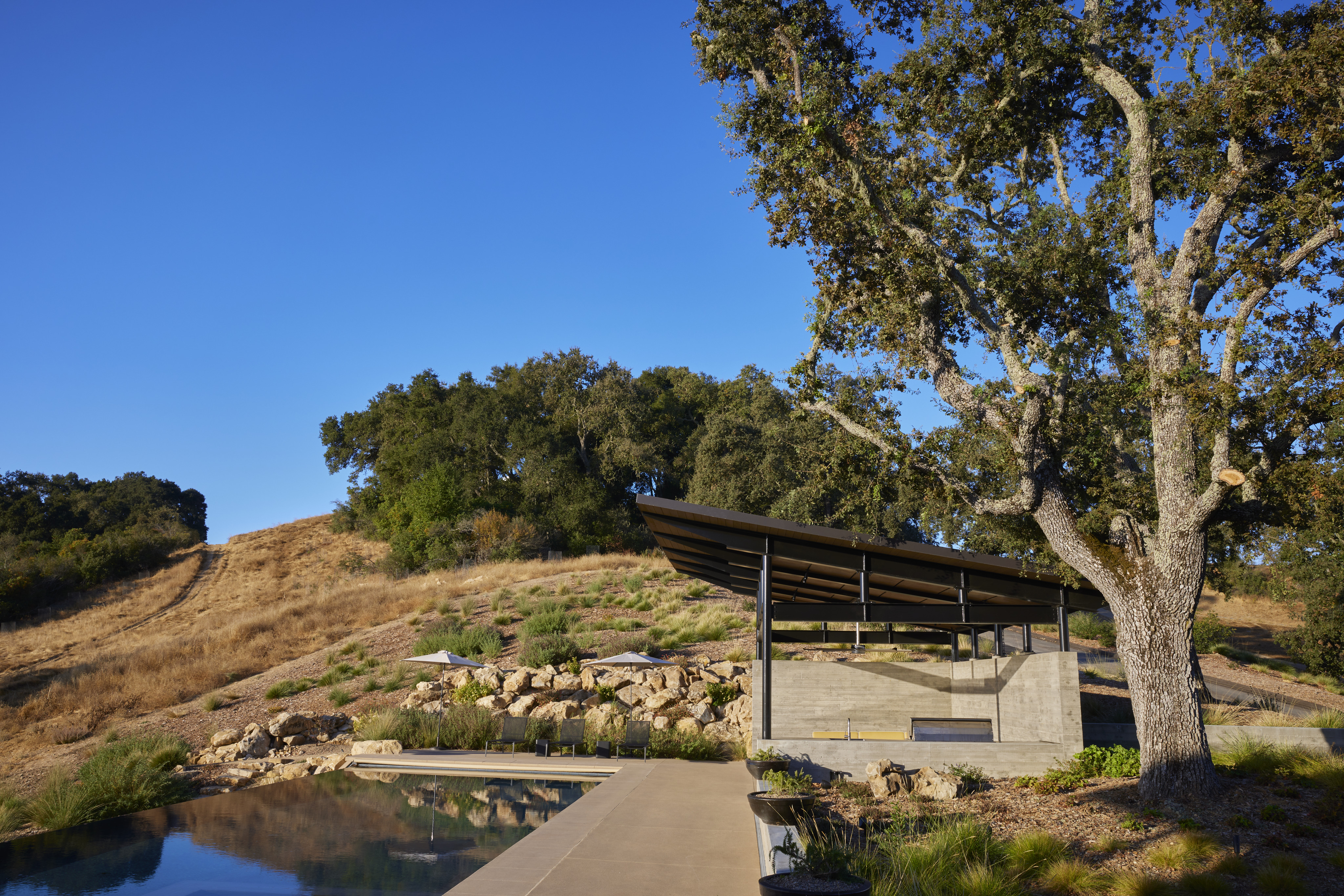 A modern open-air pavilion with a slanted roof stands beside a pool at MoonSprings Vineyard, surrounded by dry grass, rocks, and trees under a clear blue sky.