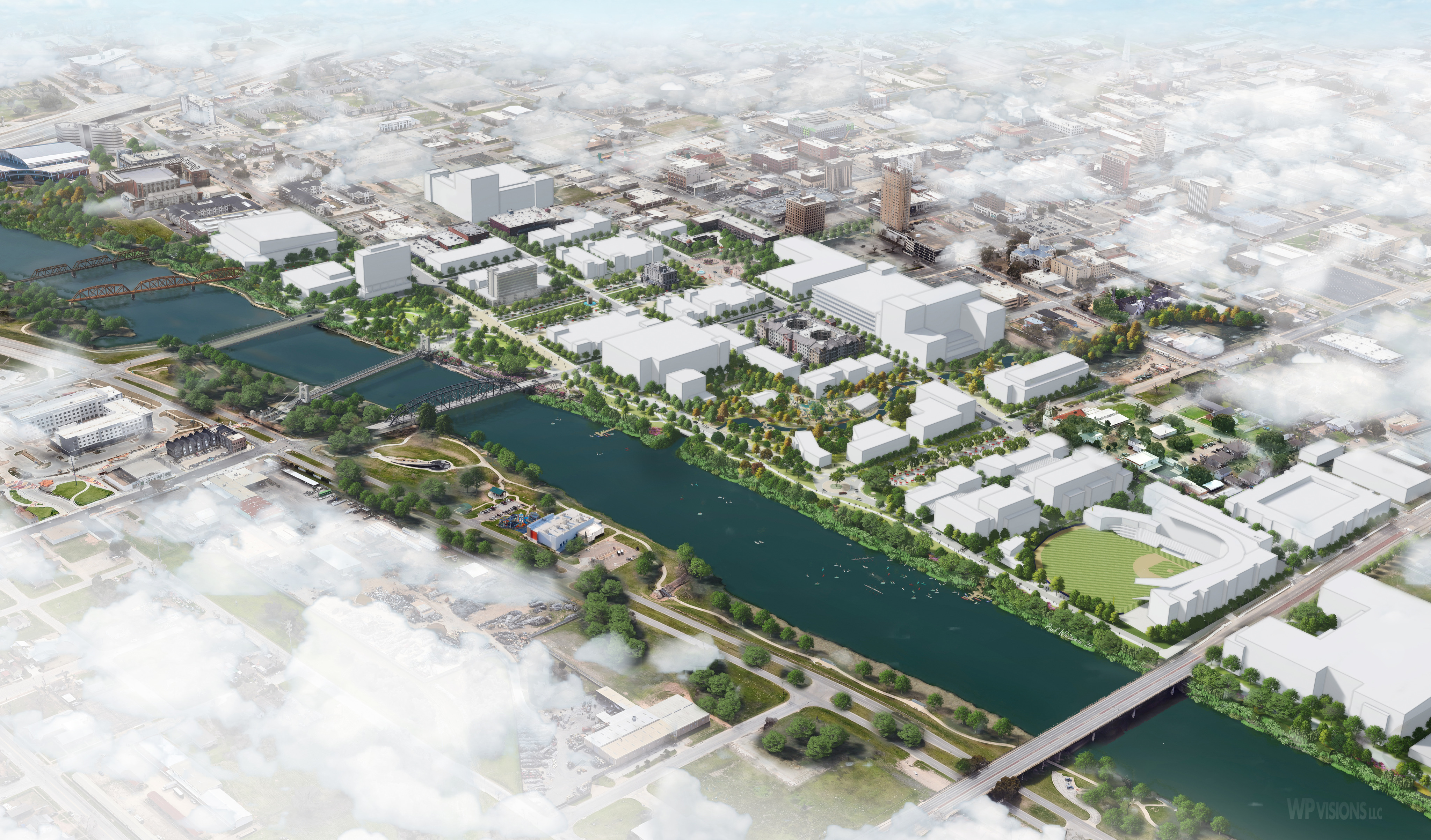 Aerial rendering of a riverside city area with green spaces, bridges, water, and numerous white buildings under a partly cloudy sky, showcasing elements of the Waco Master Plan as they harmoniously integrate Historic Downtown Waco with its natural surroundings.